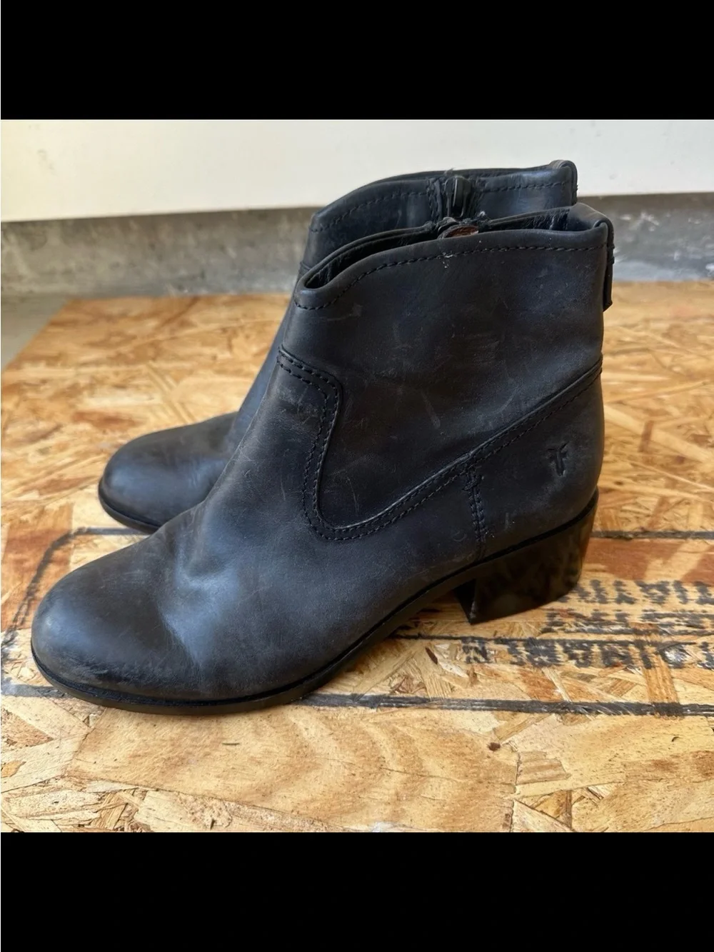 Frye Black Leather Ankle Booties with Stacked Heel